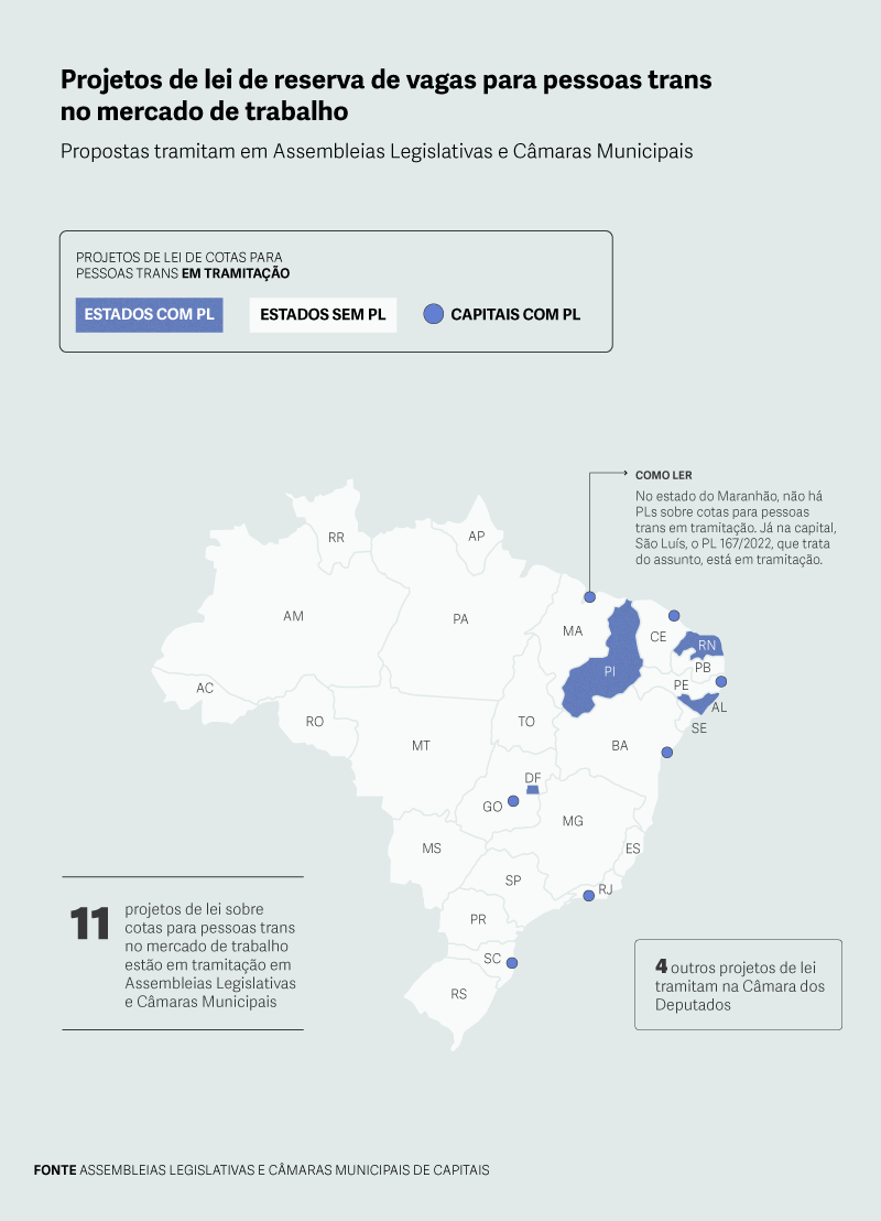 Um mapa do Brasil mostra as capitais e os estados onde há projetos de lei sobre cotas no mercado de trabalho para pessoas trans em tramitação nas casas legislativas. Ao todo, sete projetos de lei tramitam nas Câmaras Municipais de Fortaleza, Florianópolis, Rio de Janeiro, Goiânia, Recife, Salvador e São Luís, e quatro em Assembleias Legislativas de Piauí, Distrito Federal, Alagoas e Rio Grande do Norte.