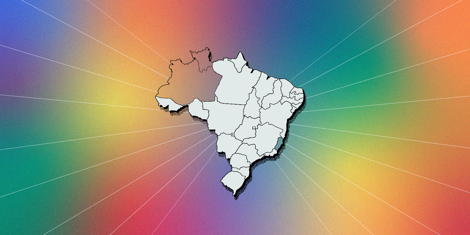 Fundo degradê com as cores do arco iris com um a ilustração de um mapa centralizado no meio destacando os estados de Amazonas, Roraima e Espirito Santo