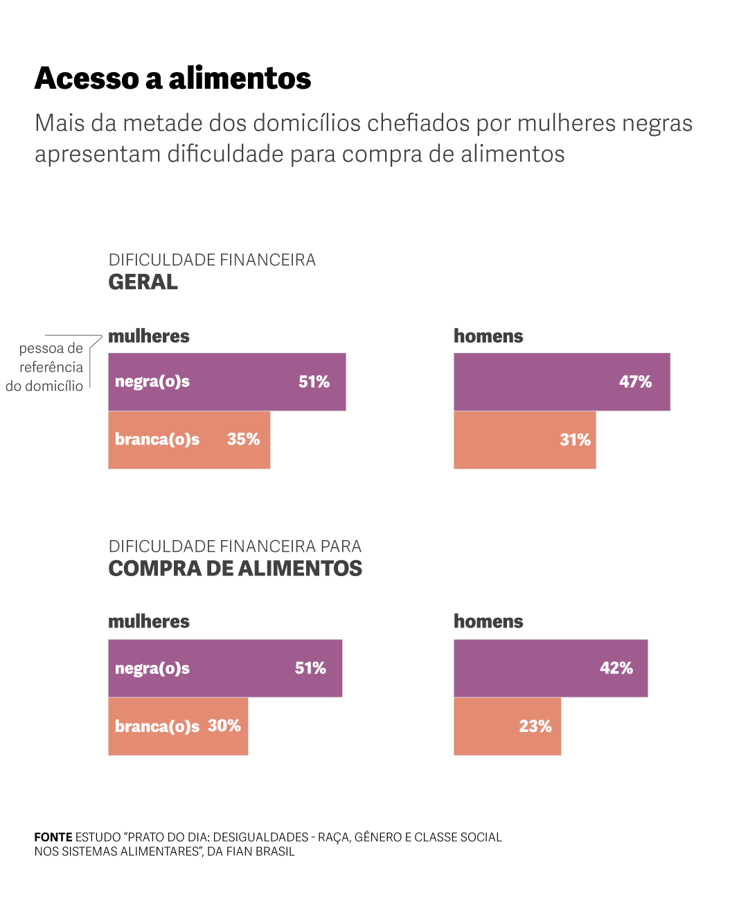 Gráfico de barras horizontais mostra o acesso a alimentos, onde mais da metade dos domicílios chefiados por mulheres negras apresentam dificuldade para compra de alimentos. 51% dos domicílios onde a pessoa de referência é uma mulher negra estão em dificuldade financeira geral. O mesmo acontece com 35% dos domicílios chefiados por mulheres brancas, 47% dos domicílios chefiados por homens negros e 31% dos domicílios chefiados por homens brancos. Estão em dificuldade financeira para compra de alimentos 51% de domicílios chefiados por mulheres negras, 30% dos domicílios chefiados por mulheres brancas, 42% dos domicílios chefiados por homens negros e 23% dos domicílios chefiados por homens brancos. A fonte dos dados é o Estudo “Prato do dia: Desigualdades - raça, gênero e classe social nos sistemas alimentares”, da Fian Brasil.