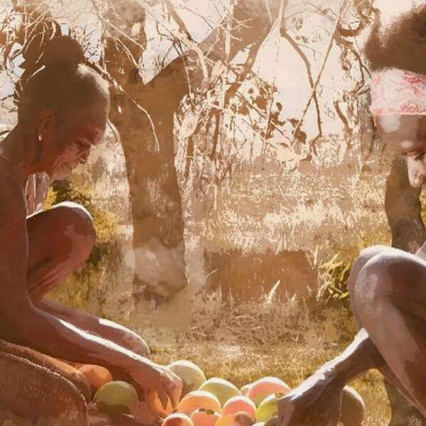 Colagem mostra duas mulheres negras sentadas tocando frutas. Ao fundo, a paisagem típica do Cerrado: árvores baixas, tortas e casca grossa.